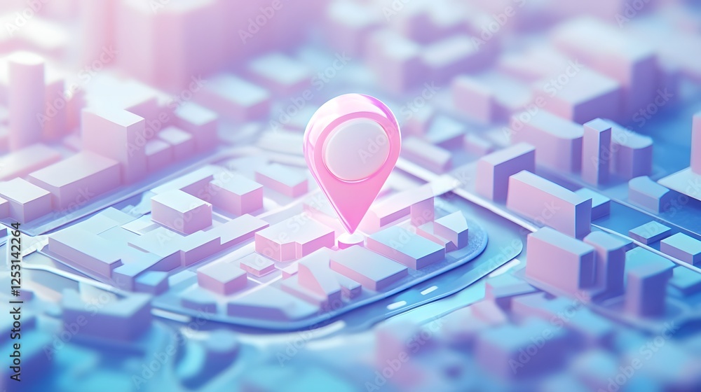 Leinwandbilder Aerial view of a modern city skyline with a colorful abstract digital map interface featuring a location marker pin showcasing the technology and connectivity of urban navigation and city planning