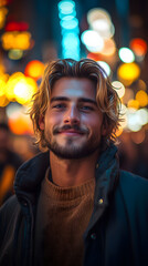 Person with a Slight Smile in Urban Night Scene
