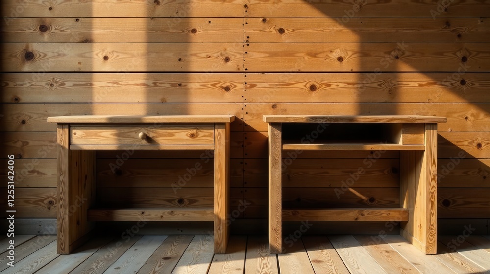 Poster sunlight streams through a window illuminating two rustic wooden tables against a warm wood-paneled 