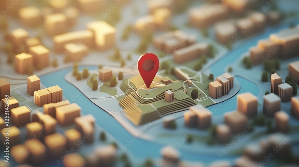 Aufkleber Aerial view of a modern cityscape map with a GPS navigation pointer marking a specific strategic location representing data analysis urban planning and business development