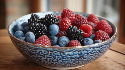 A bowl of mixed berries, including blueberries, raspberries, and blackberries, bright natural light