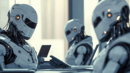 Futuristic Robots Engaged in Work Inside Modern Office Environment