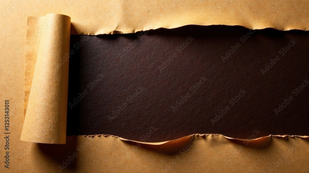 Poster torn parchment paper reveals a dark surface, creating a dramatic textural contrast and inviting desi