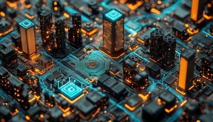Fototapeta premium Futuristic cityscape built on circuit board, symbolizing smart city technology