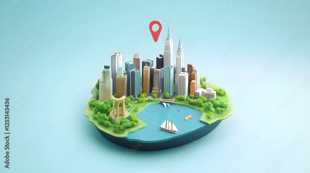 Poster Aerial view of a modern futuristic cityscape with skyscrapers and high rise buildings  A location pin marker is placed on a 3D globe indicating a specific geographic point of interest or destination