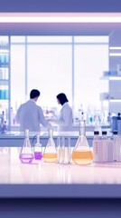 Laboratory glassware containing colorful chemical liquids with scientists working in background