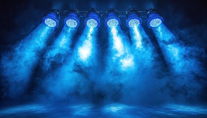 Blue stage lights shining through smoke onto empty floor