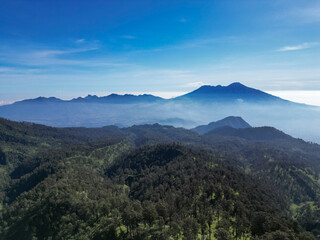Aerial view of Arjuno Welirang Mountains with blue sky and thin mist in the morning, dense forest in the foreground, this view can be seen from the peak of Mount Butak, East Java, Indonesia.
