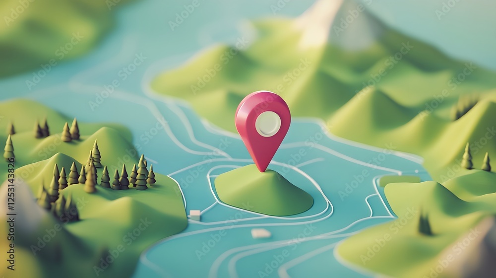 Poster Aerial view of a picturesque mountain landscape with a map pointer icon highlighting the concept of discovery in a natural scenic environment