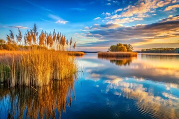Fototapeta premium Serene Lakeside Reeds: Calm Water, Lush Vegetation, Natural Beauty Stock Photo