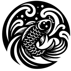 Fototapeta premium Traditional Japanese logo, black koi fish design with flowing water