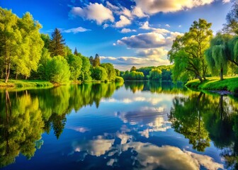Obraz premium Serene Lakeside View with Copy Space: Peaceful Nature Scene for Relaxation and Travel