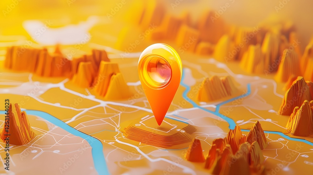 Poster aerial view of a rugged mountain terrain with a glowing gps navigation pin or marker icon overlaid o
