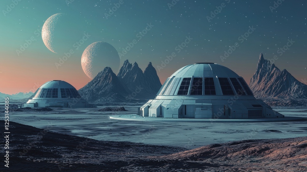 Poster futuristic domed structures on alien landscape with twin moons