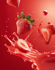 strawberry splashing in red liquid isolated on black