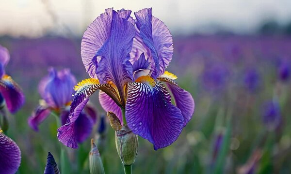 4K Macro Timelapse of Blooming Purple Iris Flowers in a Field