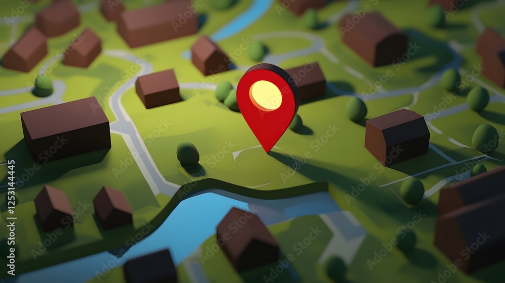 Poster Aerial view of a rural countryside landscape with a map pin marker placed at a specific location indicating a destination or point of interest for navigation through the natural environment