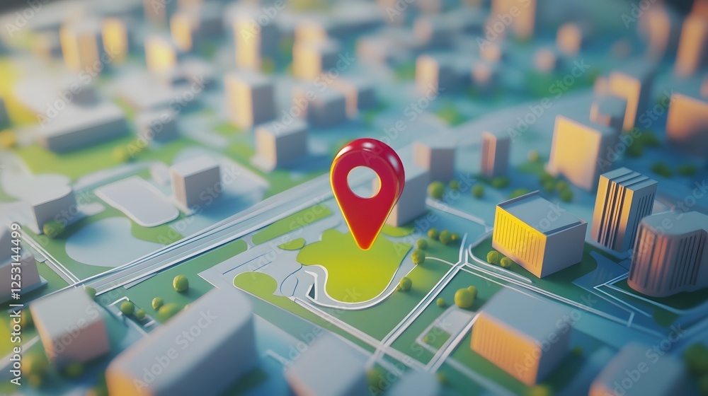 Aufkleber aerial view of a scaled 3d model cityscape with a prominent red location pin marker representing a c