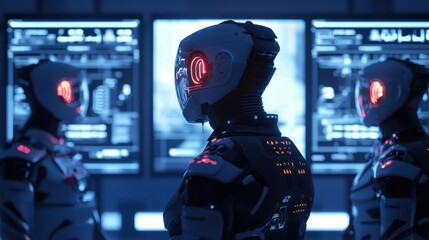 Futuristic Robots Analyzing Data in High-Tech Control Room