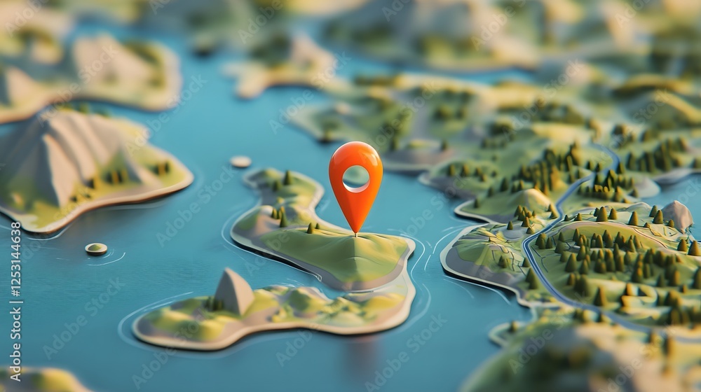 Poster aerial view of a scenic coastal island with mountains rivers and waterways displayed on a vibrant di