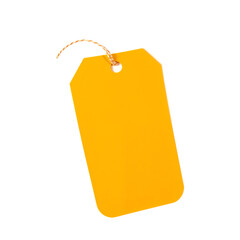 Yellow price tag with string, isolated on white. Clean and versatile for marketing or product design. Generative AI