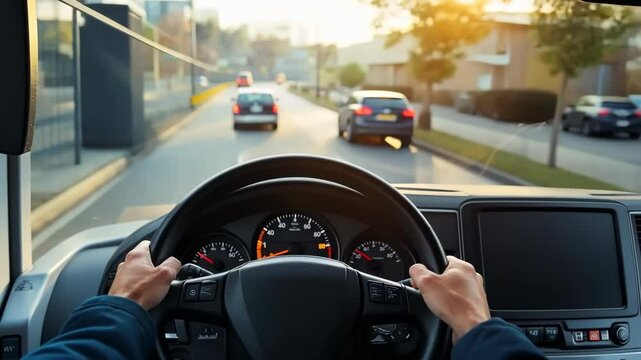 Driver turns steering wheel of truck, bus at sunset. POV. Skilled chauffeur drives lorry to deliver freight. Cargo shipping service. Journey. Drivers Hands on a wheel. Travel. Personal Perspective