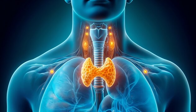 3D medical illustration depicting parathyroid glands in the human neck, highlighting their role in calcium regulation and hormone production.