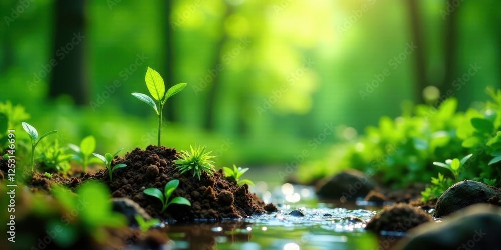 Poster new life emerging by a gently flowing stream in a verdant forest