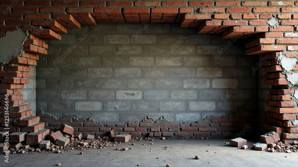 Aufkleber demolished brick archway reveals concrete block wall a study in contrasting textures and constructio
