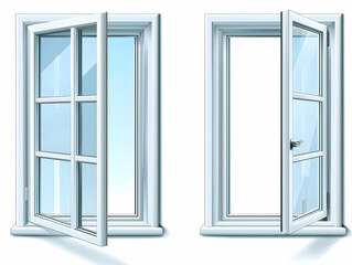 Open and closed windows, bright sky, white frame, home design