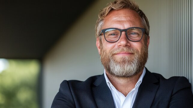 Businessman portrait outdoors, confident and professional, near a building, possible use in career or business articles