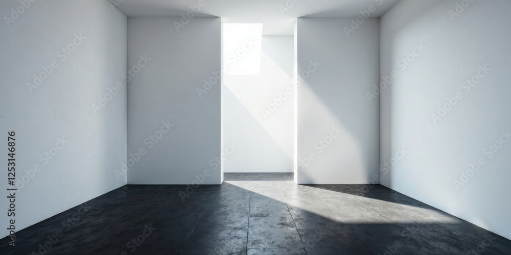 Poster Sunlit Empty Room with Dark Floor and High Walls Ideal for Minimalist Design and Architectural Presentation