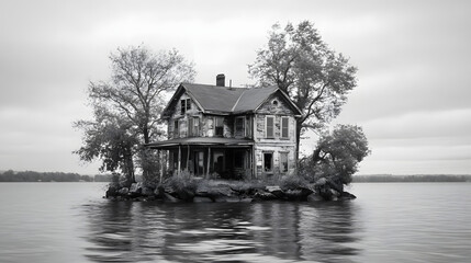 Fototapeta premium Black and white photograph of an island with trees, a house on the shore 