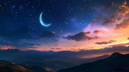 Elegant islamic eid mubarak greeting card design for muslim holidays featuring a beautiful crescent moon and twinkling stars on a deep blue night sky background, perfect for eid-ul-adha and ramadan fe