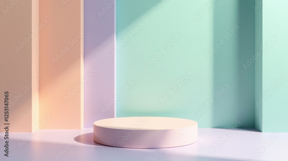 Poster pastel walls with a circular display platform for product presentation