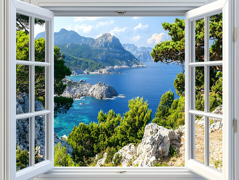 Fototapeta Coastal view from window, sunny day, rocky shores, azure sea, travel postcard