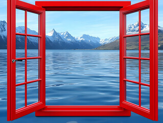Red window, fjord view, mountains, calm water, travel poster