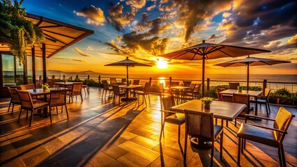 Empty Patio Cafe Restaurant at Sunset: Silhouette Photography of Outdoor Furniture