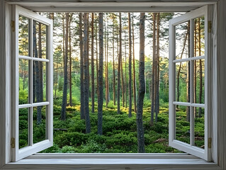 Forest view from rustic window, sunlight, calmness