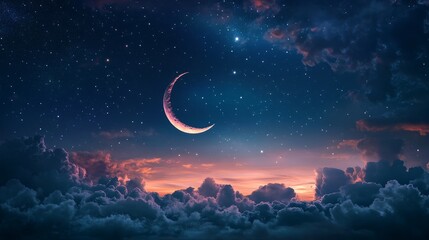 Elegant islamic eid mubarak greeting card design for muslim holidays featuring a beautiful crescent moon and twinkling stars on a deep blue night sky background, perfect for eid-ul-adha and ramadan fe