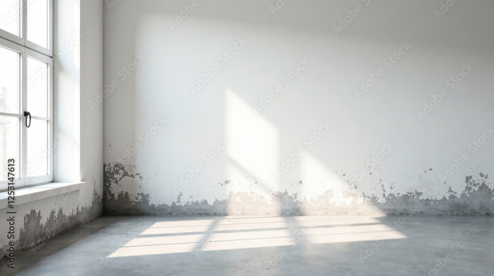 Poster sunlit empty room with distressed walls and concrete floor ready for renovation