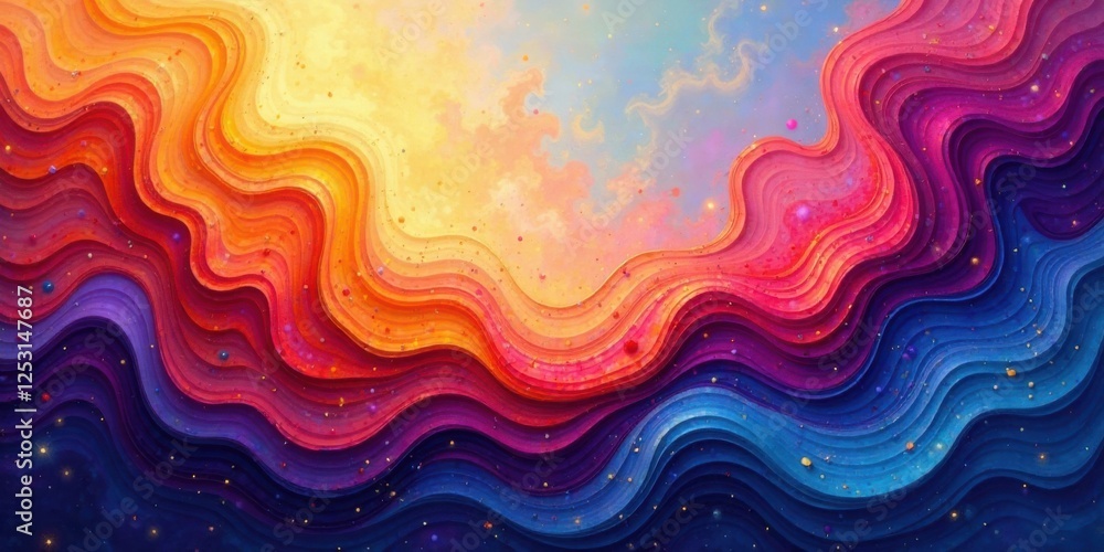 Poster Abstract Colorful Wavy Layers with Scattered Luminescent Particles, a Vibrant and Dreamlike Composition Featuring a Spectrum of Hues Ranging from Warm Oranges to Cool Blues