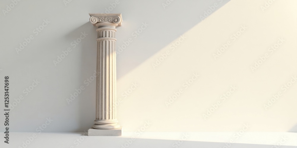 Aufkleber a single classical column stands elegantly against a minimalist white wall, bathed in soft sunlight,