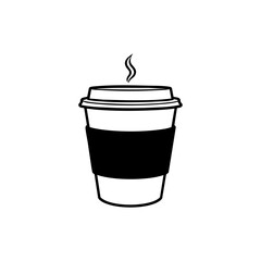 Black and white vector illustration of disposable coffee cup.