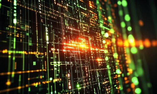 Dynamic Colorful Data Grid Visualization with Glowing Lights and Binary Code Elements