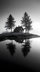Fototapeta premium Black and white photograph of an island with trees, a house on the shore 