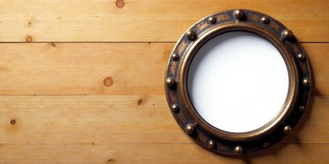 Obraz premium Ornate Porthole on Wooden Surface A Nautical Design Element for Interior Decor