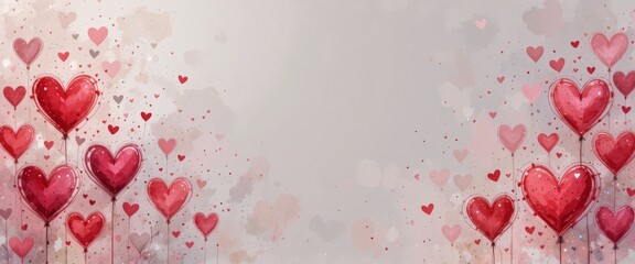 Rote und rosa Herzen in Aquarell-Optik, verteilt auf beiden Seiten eines sanften, hellen Hintergrunds &ndash; ideal als romantischer Banner. Generative KI.