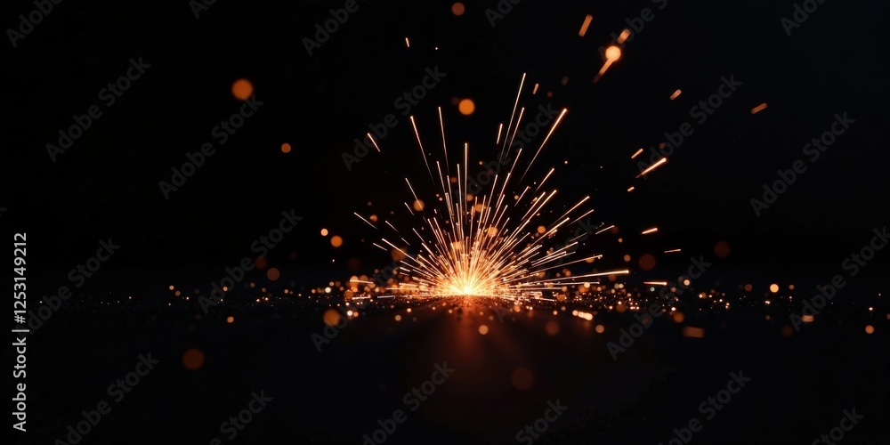 Poster Dynamic Burst of Glowing Sparks Against a Dark Background, Ideal for Design Projects Requiring an Energetic and Vivid Element