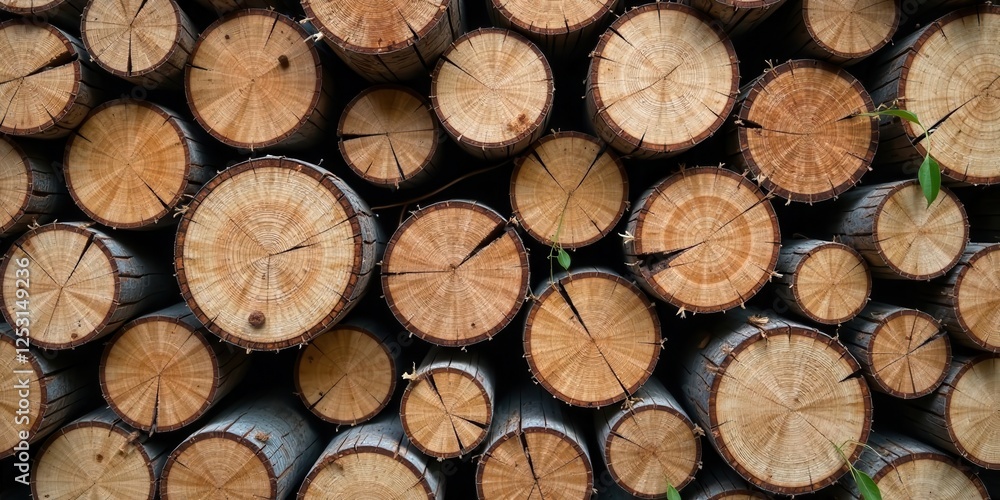 Aufkleber a stack of round wooden logs showing natural grain patterns and textural details